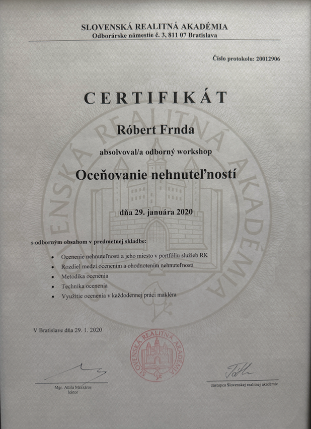Certifikát — Oceňovanie nehnuteľností
